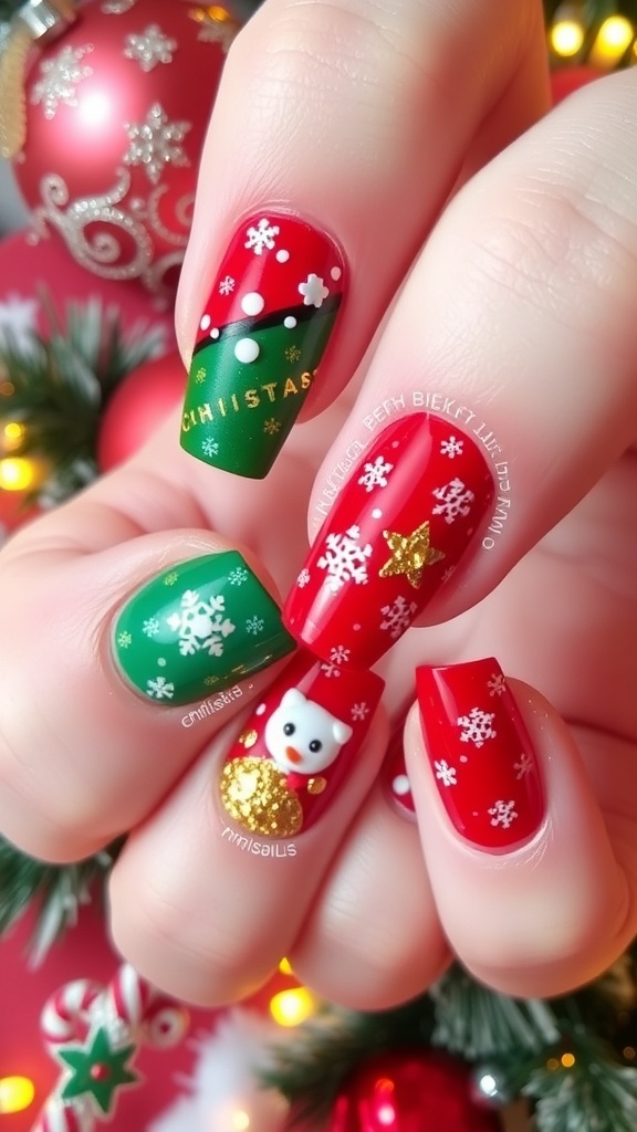 Festive Christmas nail art with red and green polish, snowflakes, and glitter on a holiday-themed background.